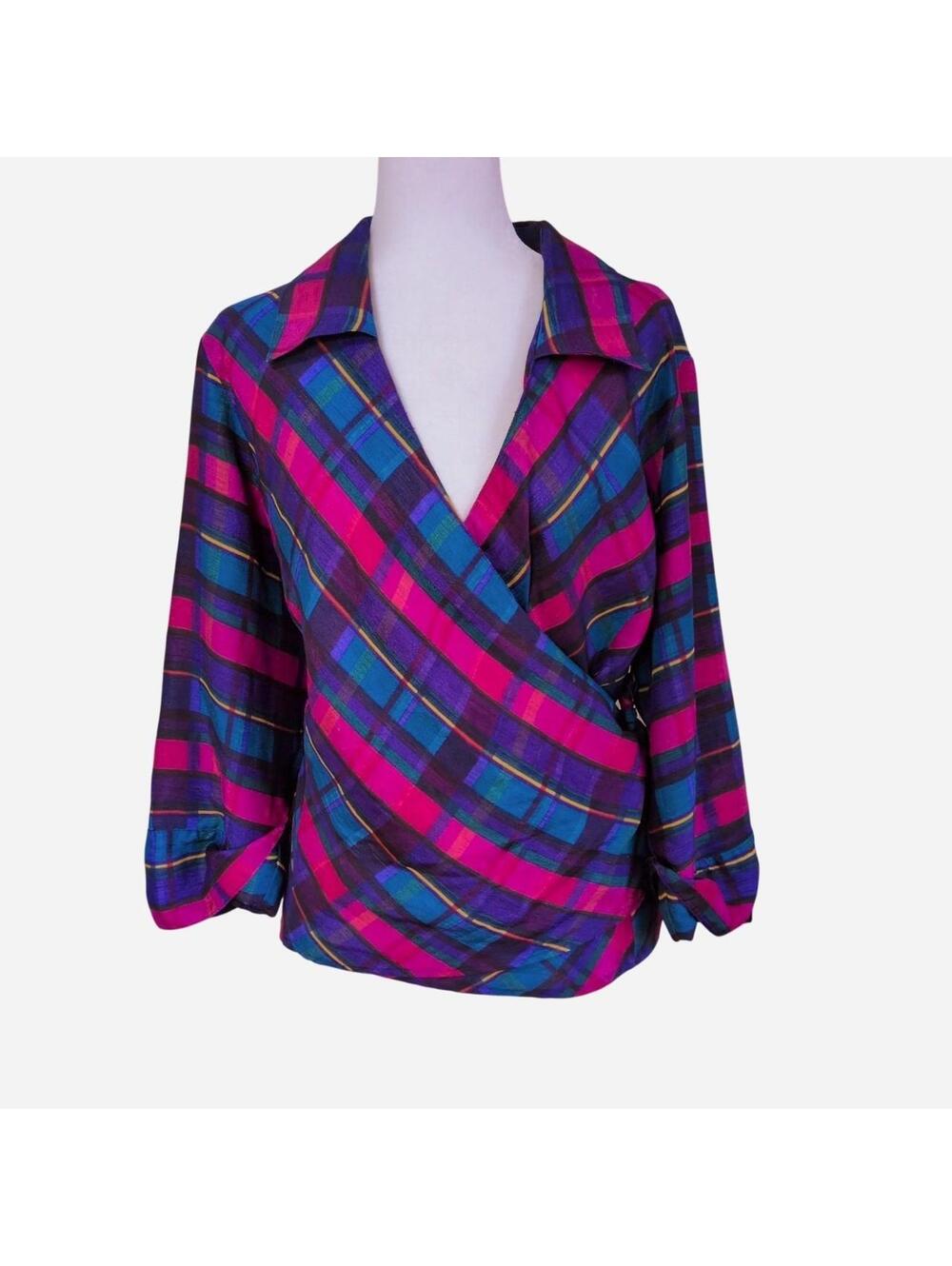 80s Selene Sport Bias-Cut Plaid Wrap Blouse In Jewel Tones L/XL